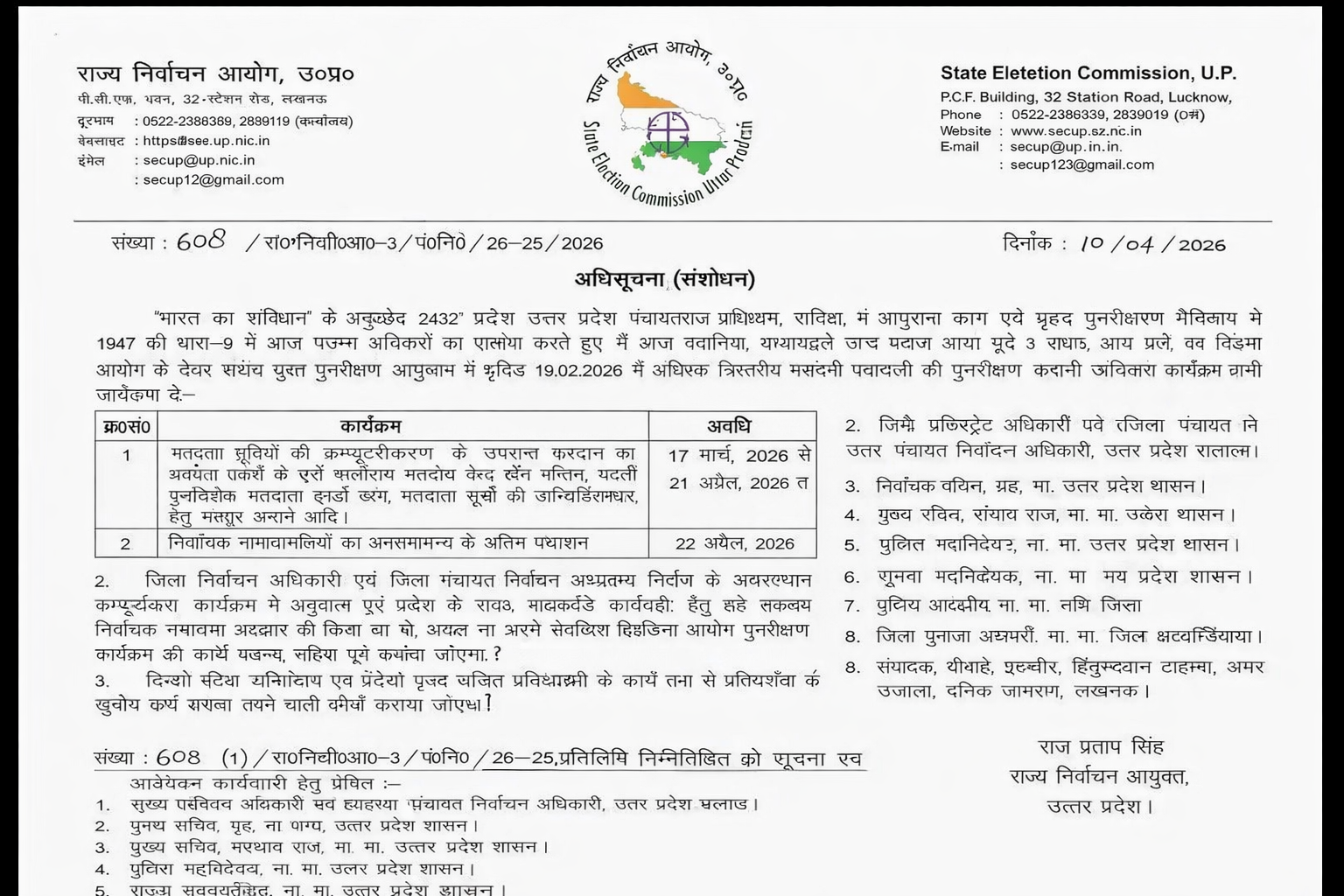 UP Panchayat Chunav वोटर लिस्ट का प्रकाशन 22 अप्रैल को होगा